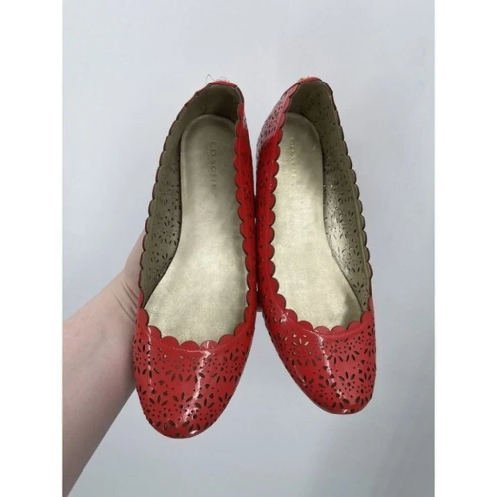 Coach Red Perforated Scalloped Leather Flats - Picture 2 of 7